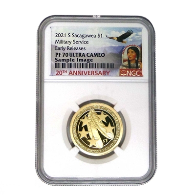 2021 S NGC PF70 Sacagawea/Native American Dollar "Distinguished Military Service Since 1775"