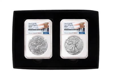 2021 NGC Donald Trump Label MS 69 Silver Eagle T-1 and T-2 2 Coin Set in Specialty Box