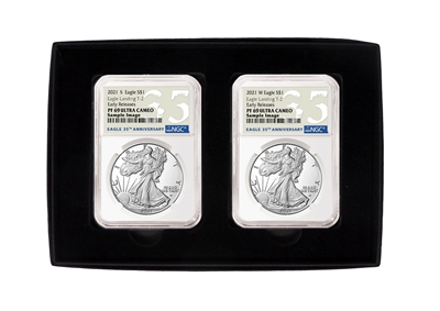 2021 S and W NGC PF 69 Silver Eagle 2 Coin Set in Black Box T-2 Early Release 35th Anniversary Labels 1oz Silver Coins