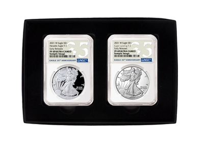 2021 W NGC PF 69 Silver Eagle 2 Coin Set in Black Box - T-1 and T-2 Early Release 35th Anniversary Label 1oz Silver Coin