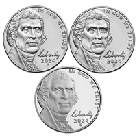 2024 P, D, and S Jefferson Nickel 3 Coin Full Set Including Proof- Uncirculated and Ultra Cameo