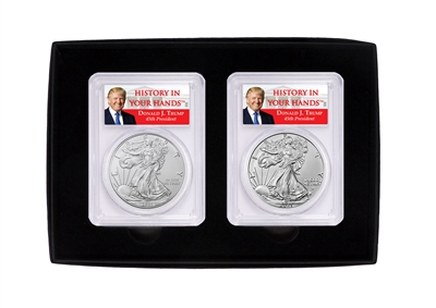 2021 1oz Silver Eagle PCGS MS70 First Strike T-1 and T-2 Reverse - Donald Trump Label in Black Specialty Box
