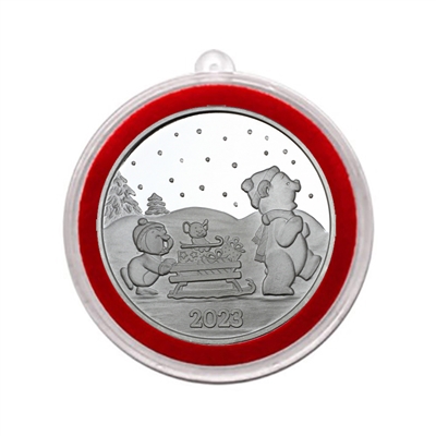 2023 Penguin, Bear, and Mouse Sled Gift Delivery 1oz .999 Silver Medallion in Ornament Holder
