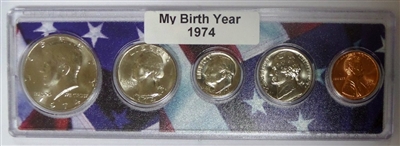 1974 Birth Year Coin Set in American Flag Holder