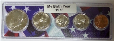 1975 Birth Year Coin Set in American Flag Holder