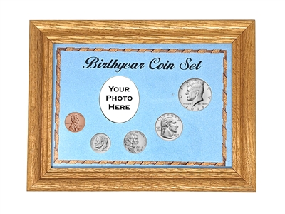 2023 Birth Year Coin Set in Oak Picture Frame with Blue Background Holder