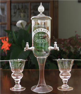 Etched CF Berger Deluxe 2 Spout Absinthe Fountain With Glasses & Spoons