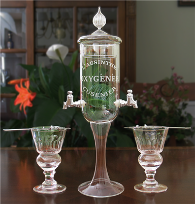 Etched  Deluxe 2 Spout Absinthe Fountain With Glasses & Spoons