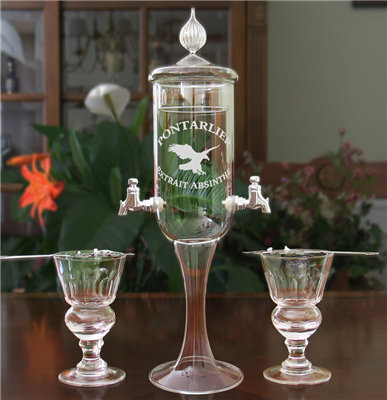 Etched  Deluxe 2 Spout Absinthe Fountain With Glasses & Spoons