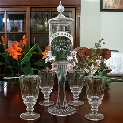 Etched CF Berger Deluxe 4 Spout Absinthe Fountain With Glasses & Spoons