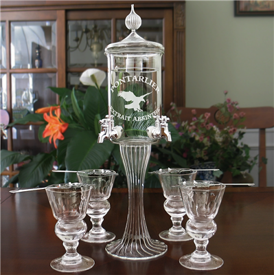 Etched  Deluxe 4 Spout Absinthe Fountain With Glasses & Spoons