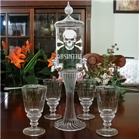 Etched  Skull Deluxe 4 Spout Absinthe Fountain With Glasses & Spoons