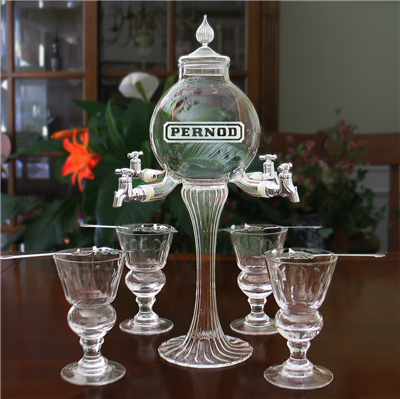 Etched Rozier 4 Spout Absinthe Fountain With Glasses & Spoons