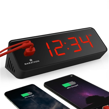 Marathon LED Alarm Clock with Two Fast Charging, Front Facing USB Ports (BLACK/RED)