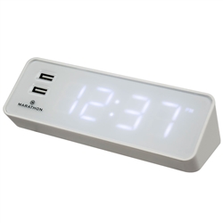 Marathon LED Alarm Clock with Two Fast Charging, Front Facing USB Ports (WHITE)
