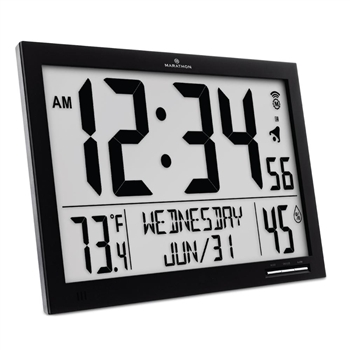 Slim Atomic Wall Clock Jumbo Full Calendar Display Indoor Temperature & Humidity (BLACK)