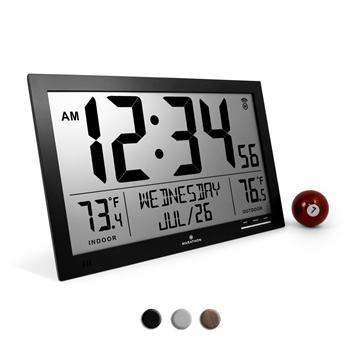 Slim Atomic Full Calendar Clock with Extra Large Digits and Indoor/Outdoor Temperature (BLACK)