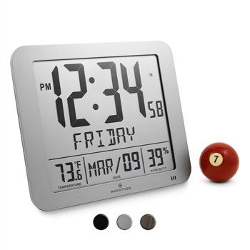 Slim Atomic Full Calendar Clock with Large 3.25" Digits, Indoor Temperature and Humidity (GRAPHITE GREY)