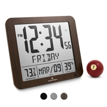 Slim Atomic Full Calendar Clock with Large 3.25" Digits, Indoor Temperature and Humidity (WOOD)