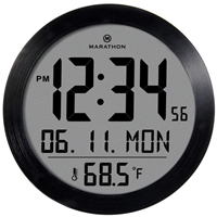 Round Digital Wall Clock with Date and Indoor Temperature. Foldout Table Stand - Batteries Included (Black Steel)
