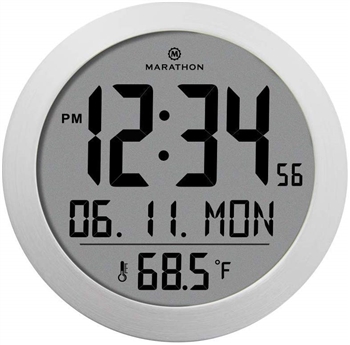 Round Digital Wall Clock with Date and Indoor Temperature. Foldout Table Stand - Batteries Included (Stainless Steel)