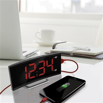 Curved Display LED Clock with Dual Alarm and 1 USB Charging Port (BLACK)