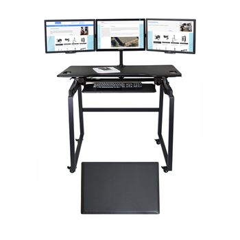 Rocelco DADRB (Black) Deluxe 46" Sit To Stand Adjustable Height Desk Riser and Mobile Floor Stand w/ Triple Monitor Mount & Medium Anti-Fatigue Mat (MAFM)