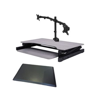Rocelco DADRG Deluxe 37" Sit To Stand Adjustable Height Desk Riser (Grey) w/ Dual Monitor Mount (Black) & Anti-Fatigue Mat Bundle