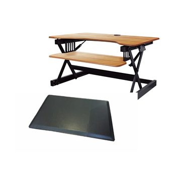 Rocelco 40" Sit To Stand Adjustable Height Desk Riser w/ Extended Vertical Range (Teak) & Medium Anti-Fatigue Mat (MAFM) Bundle