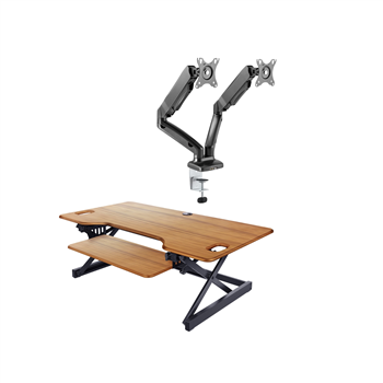 Rocelco 46" Sit To Stand Adjustable Height Desk Riser w/ Extended Vertical Range (TEAK) & Dual Monitor Mount (MA2)