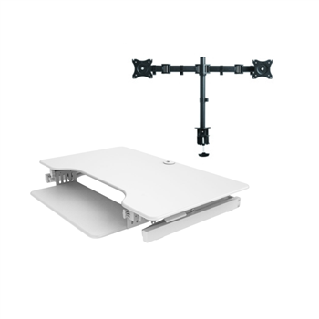 Rocelco 40" Sit To Stand Adjustable Height Desk Riser (White) w/ Extended Vertical Range & Dual Monitor Desk Mount (DM2) Bundle