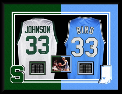 MAGIC JOHNSON & LARRY BIRD SIGNED & FRAMED COLLEGE JERSEYS