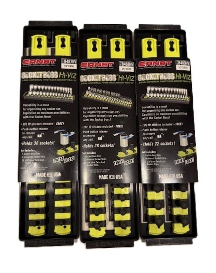 Ernst 8467 8 9HV Socket Boss Pro High-Density 3-Trays, 6) 13" Rails, Ratchet Holders in Â¼ â…œ Â½" - HI-VIZ Yellow