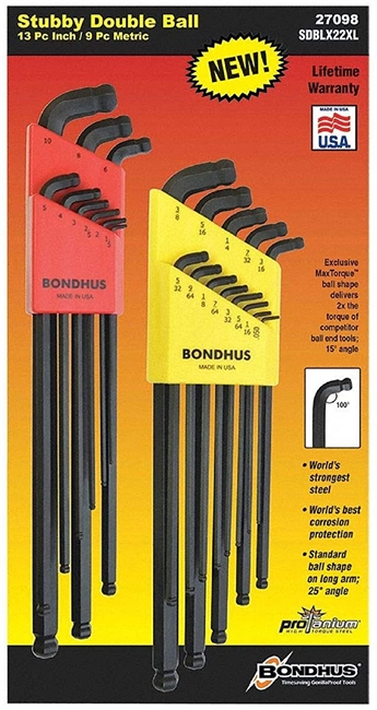 Bondhus 27098 - XL Arm DBL Ball End L-key Wrenches SAE + Metric 22PC Set w/Caddy Cases