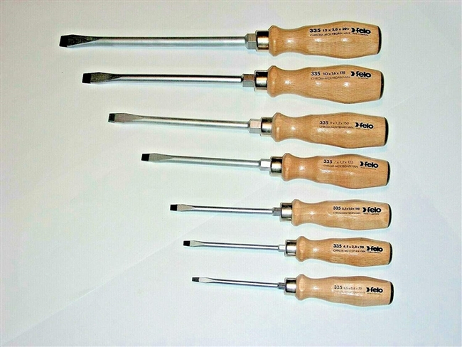 Felo 336 SL/7 - Slotted Screwdriver 7PC Set - w/Ergo Wooden Grip, Matte Finish Blade