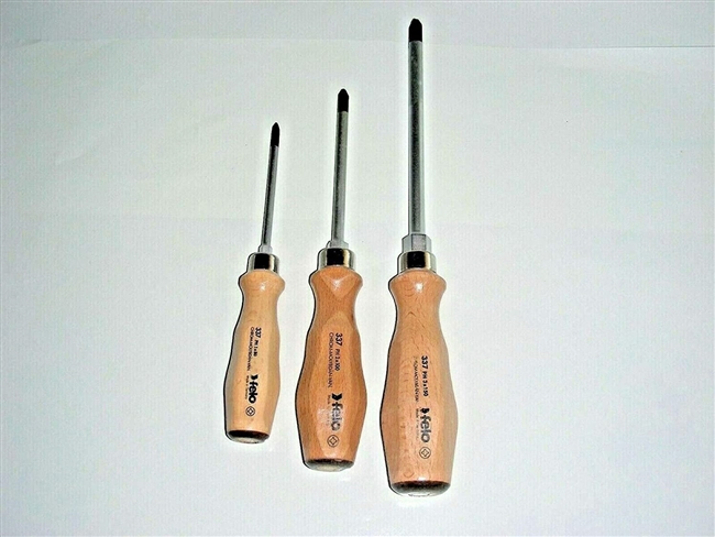 Felo 337 PH/3 - Phillips Screwdriver 3PC Set - 18063 PH1 + 18067 PH2 + 18071 PH3 w/Ergo Wooden Grip, Matte Finish Blade