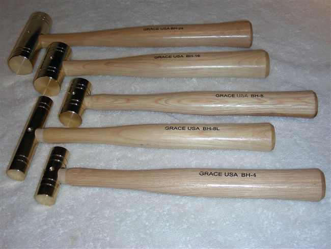 Grace USA BH-4-8-8L-16-24 - Brass Hammer 5PC Set w/Hickory Handle 4, 8, 8L, 16, 24oz