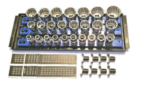 Ernst 9612 BL Socket Boss Tray w/3 Rails / 33) Â½" Drive Clips Socket Organizer System - Blue