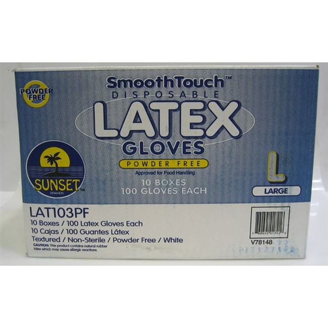 Sunset LAT103PF LG/10 - Smooth-Touch Powder-Free Disposable Latex Gloves - Large - 10 Per-Case