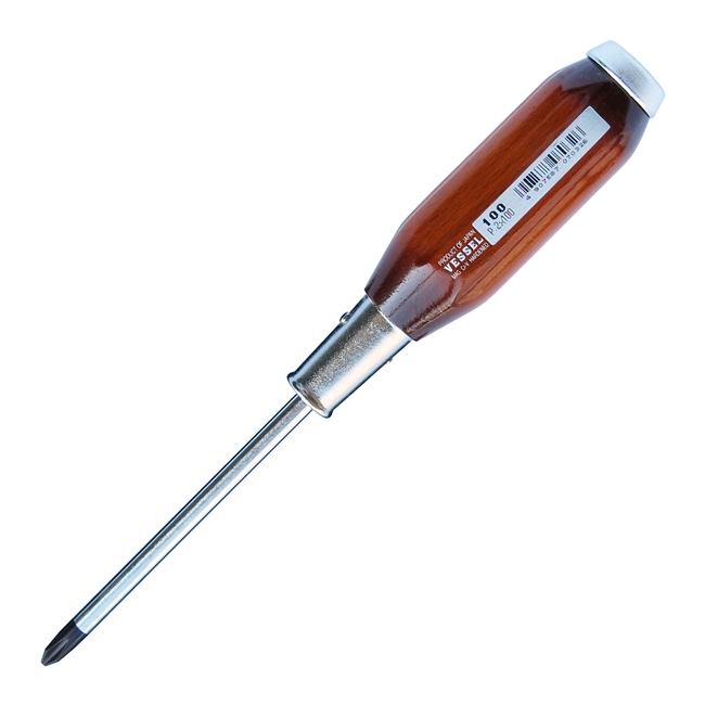 Vessel 100P2100 PH2 - Wooden-Grip Phillips Screwdriver 100mm - Magnetic