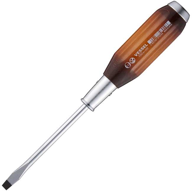 Vessel 100S6100 - Wooden-Grip Slotted Screwdriver 100mm - Magnetic