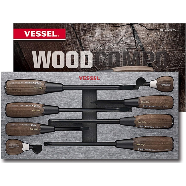 Vessel 3308EVA - Screwdriver 8PC Mix Set w/Wood Compo Grip - Magnetic Tip