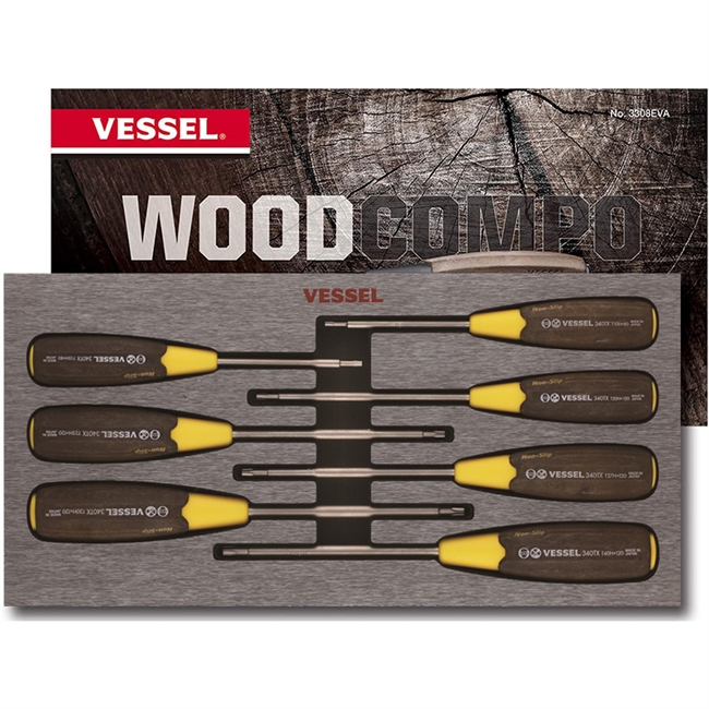 Vessel 3407EVA - Tamper-proof Torx Screwdriver 7PC Set w/Wood-Compo Grip - Magnetic