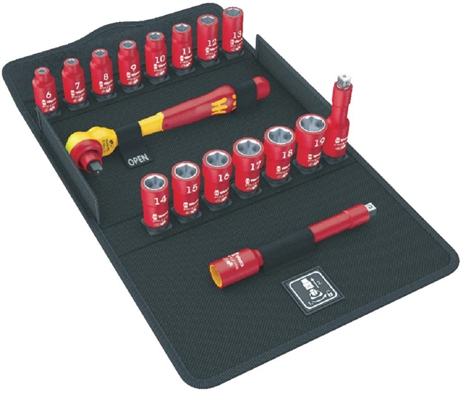 Wera 05004970001 - VDE Ratchet Sockets eXtensions â…œ" Drive Insulated 17PC Metric Set w/Case