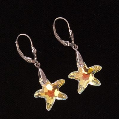 Our glamorous Swarovski earrings have the 16mm starfish in Aurora Borealis (AB) that sparkles and dangles from our sterling silver lever backs!