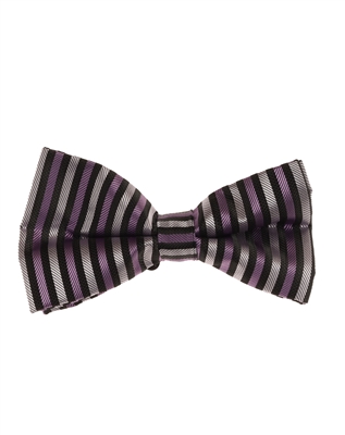 Purple, Silver and Black Stripes Pre-tied Bow Tie with Matching Pocket Square BWTH-1406