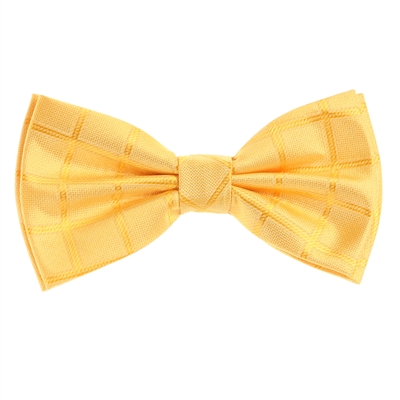 Gold Solid Check Silk Pre-Tied Bow Tie with Matching Pocket Square BWTH -432