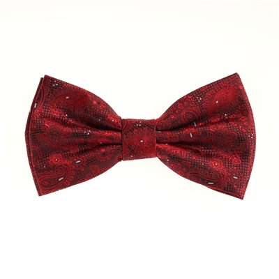 Cherry Red Paisley Pre-Tied Silk Bow Tie with Matching Pocket Square BWTH-437