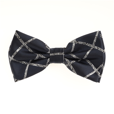 Navy with Silver Designed Silk Pre-Tied Bow Tie with Matching Pocket Square BWTH-454