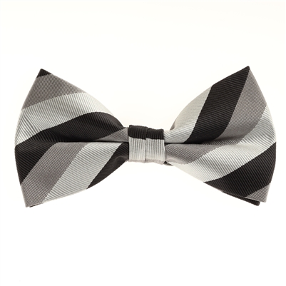 Black, Grey, Silver & White Striped Pre-Tied Bow Tie with Matching Pocket Square BWTH-901